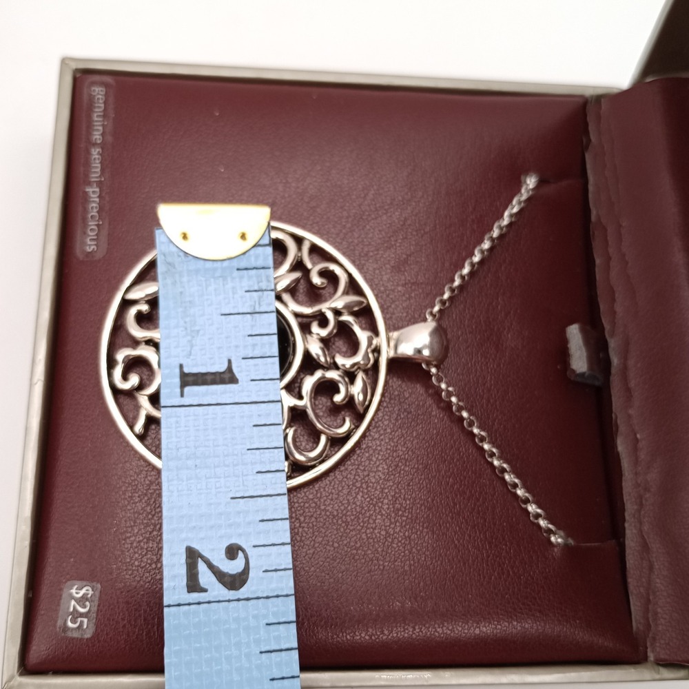 Etienne Aigner Silver-Tone Filigree Round Semi-Precious Pendant Necklace w/ Box‎ - Picture 6 of 14